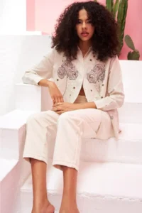FEMELLE Women's Beige Sequins and Embroidery Standard Size Oversize Shirt - Image 5
