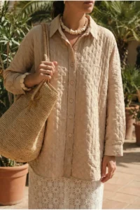 FEMELLE Women Beige Quilted Embossed Oversized Shirt - Image 3