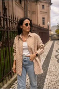 FEMELLE Women Beige Quilted Embossed Oversized Shirt - Image 4