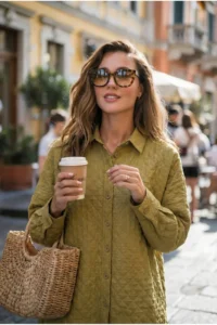 FEMELLE Women Beige Quilted Embossed Oversized Shirt - Image 2