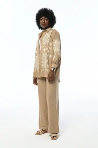 FEMELLE Women's Beige Pearl Embroidered Standard Size Oversize Shirt - Image 4