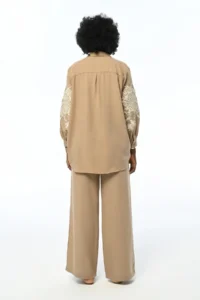 FEMELLE Women's Beige Pearl Embroidered Standard Size Oversize Shirt - Image 5