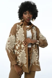 FEMELLE Women's Dark Brown Pearl Embroidered Standard Size Oversize Shirt
