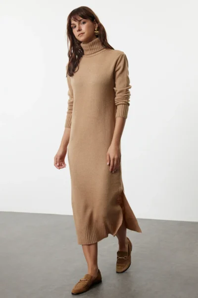 TRENDYOLMİLLA Camel Midi Wide Pattern Soft textured Knit Dress