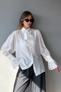 TRENDYOLMİLLA White Binding Detailed Lightly Transparent Soft Feeling Boho Shirt