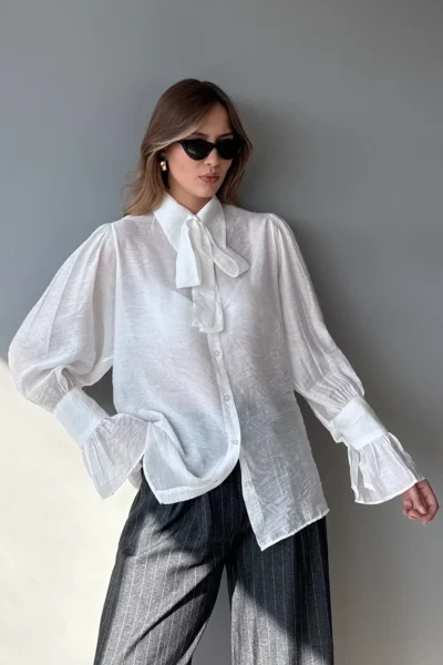 TRENDYOLMİLLA White Binding Detailed Lightly Transparent Soft Feeling Boho Shirt