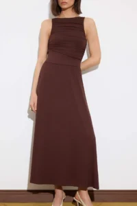 TRENDYOLMİLLA Limited Edition Brown A-Line/Life Boat Neck Shirred LONG Soft Knitting Dress - Image 3