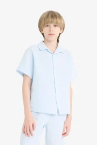 DeFacto Oversize Wide Fit Polo Neck Muslin Short Sleeve Shirt Boy - Image 3