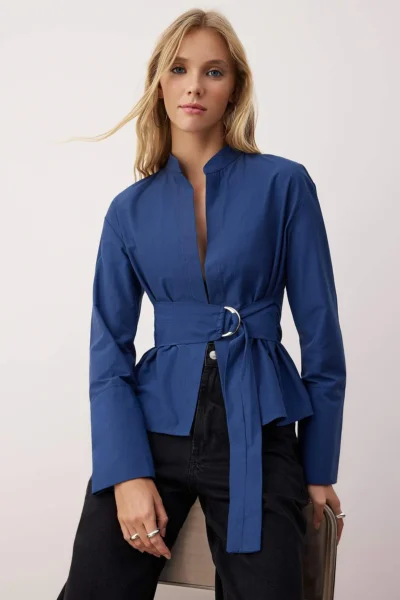 TRENDYOLMİLLA Navy Blue Belted Front snaps Adjustable Shirt