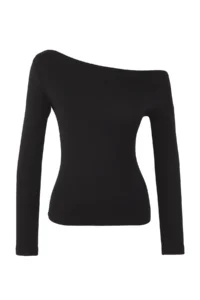TRENDYOLMİLLA Black Plain Soft Fabric Fitted Boat Neck Knitting Blouse - Image 7