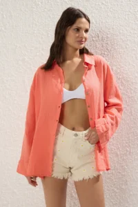 TRENDYOLMİLLA Coral Weaving Arched 100% Linen Maxi Beach Shirt - Image 2