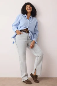 Trendyol Curve Light Blue High Waist Slit Detailed Flare Fit plus size jeans