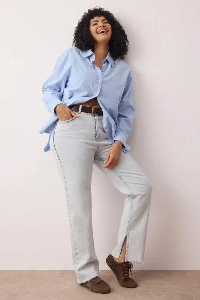 Trendyol Curve Light Blue High Waist Slit Detailed Flare Fit plus size jeans