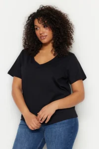 Trendyol Curve Black-White 2 Sets Paket Basic V-neck 100% Cotton Knitting Plus Size T-Shirt - Image 2