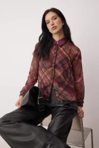 TRENDYOLMİLLA Burgundy Checkered Regular Pattern Unlined Siphon Shirt - Image 2