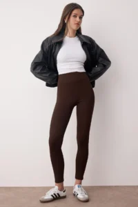 TRENDYOLMİLLA Black-Brown 2 Sets Pack interlock Fitted High Waist Knitting Leggings - Image 2