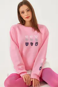 Bianco Lucci Women's Three Thread Raised Heart Printed Sweatshirt