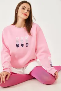 Bianco Lucci Women's Three Thread Raised Heart Printed Sweatshirt - Image 2