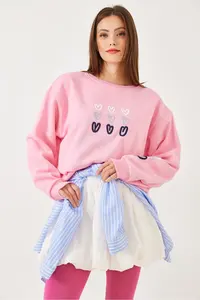 Bianco Lucci Women's Three Thread Raised Heart Printed Sweatshirt - Image 6