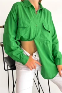 FEMELLE Women's Dark Green Slim Summer 100% Cotton Shirt with Window on the Back - Image 4