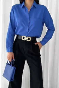 FEMELLE Women Blue Tek with pocket 100% Cotton Basic Shirt - Image 2