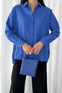 FEMELLE Women Blue Tek with pocket 100% Cotton Basic Shirt - Image 4