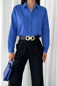 FEMELLE Women Blue Tek with pocket 100% Cotton Basic Shirt - Image 5