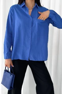 FEMELLE Women Blue Tek with pocket 100% Cotton Basic Shirt - Image 6