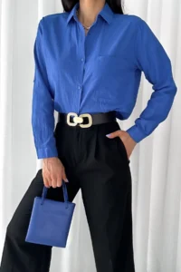 FEMELLE Women Blue Tek with pocket 100% Cotton Basic Shirt - Image 7