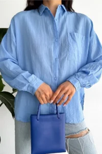 FEMELLE Women's Blue Low Shoulder Single Pocket Basic Oversize Wide Fit Shirt