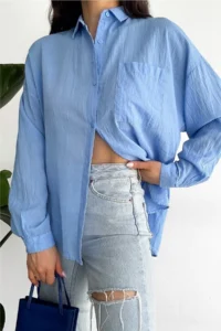 FEMELLE Women's Blue Low Shoulder Single Pocket Basic Oversize Wide Fit Shirt - Image 2