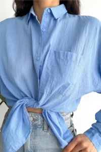 FEMELLE Women's Blue Low Shoulder Single Pocket Basic Oversize Wide Fit Shirt - Image 3