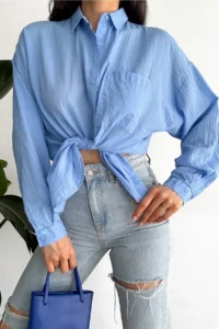 FEMELLE Women's Blue Low Shoulder Single Pocket Basic Oversize Wide Fit Shirt - Image 4