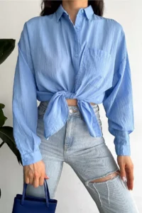 FEMELLE Women's Blue Low Shoulder Single Pocket Basic Oversize Wide Fit Shirt - Image 5