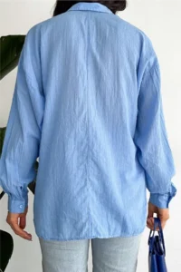 FEMELLE Women's Blue Low Shoulder Single Pocket Basic Oversize Wide Fit Shirt - Image 6