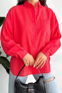FEMELLE Women's Pomegranate Blossom Low Shoulder Single Pocket Basic Oversize Wide Fit Shirt