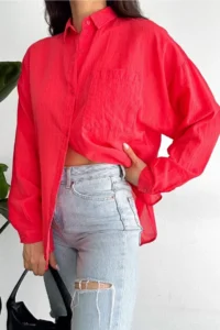 FEMELLE Women's Pomegranate Blossom Low Shoulder Single Pocket Basic Oversize Wide Fit Shirt - Image 2