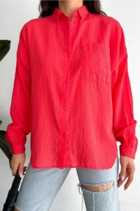 FEMELLE Women's Pomegranate Blossom Low Shoulder Single Pocket Basic Oversize Wide Fit Shirt - Image 4