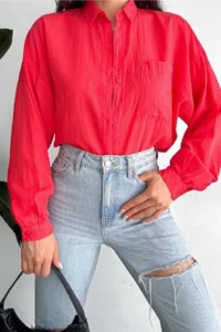 FEMELLE Women's Pomegranate Blossom Low Shoulder Single Pocket Basic Oversize Wide Fit Shirt - Image 5
