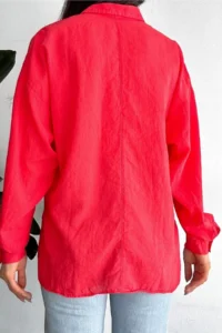 FEMELLE Women's Pomegranate Blossom Low Shoulder Single Pocket Basic Oversize Wide Fit Shirt - Image 6