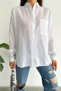 FEMELLE Women's White Low Shoulder Single Pocket Basic Oversize Wide Fit Shirt - Image 2