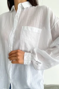 FEMELLE Women's White Low Shoulder Single Pocket Basic Oversize Wide Fit Shirt - Image 3