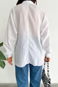FEMELLE Women's White Low Shoulder Single Pocket Basic Oversize Wide Fit Shirt - Image 4