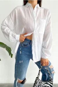 FEMELLE Women's White Low Shoulder Single Pocket Basic Oversize Wide Fit Shirt - Image 5