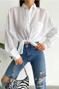 FEMELLE Women's White Low Shoulder Single Pocket Basic Oversize Wide Fit Shirt - Image 6