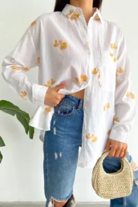 FEMELLE Women's Yellow New Season Mushroom Embroidery Embroidered 100% Cotton Wide Fit Shirt - Image 2