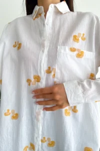 FEMELLE Women's Yellow New Season Mushroom Embroidery Embroidered 100% Cotton Wide Fit Shirt - Image 3