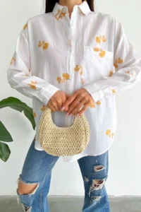 FEMELLE Women's Yellow New Season Mushroom Embroidery Embroidered 100% Cotton Wide Fit Shirt - Image 4