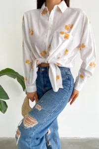 FEMELLE Women's Yellow New Season Mushroom Embroidery Embroidered 100% Cotton Wide Fit Shirt - Image 5