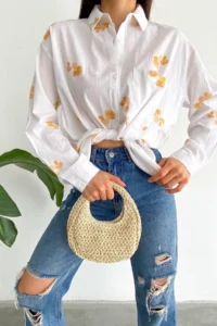 FEMELLE Women's Yellow New Season Mushroom Embroidery Embroidered 100% Cotton Wide Fit Shirt - Image 6